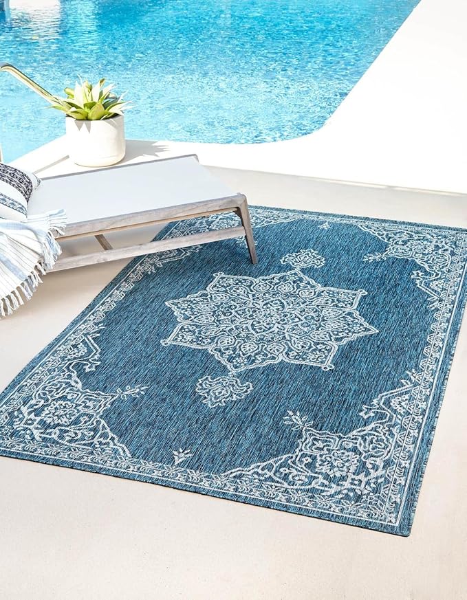Unique Loom Outdoor Traditional Collection Area Rug - Antique (7' 10" x 10' Rectangle Teal/Ivory)