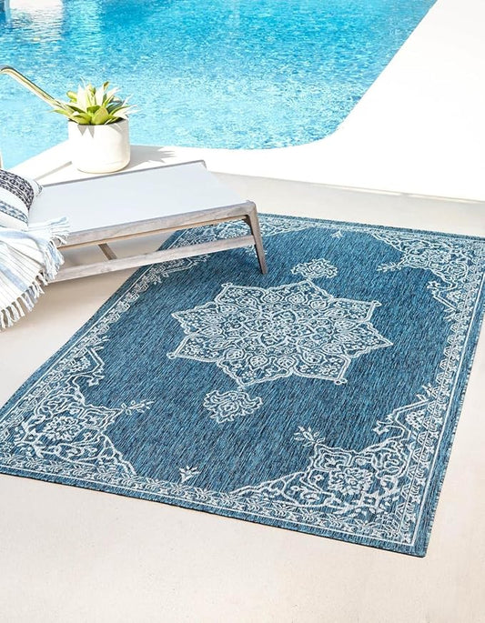 Unique Loom Outdoor Traditional Collection Area Rug - Antique (7' 10" x 10' Rectangle Teal/Ivory)