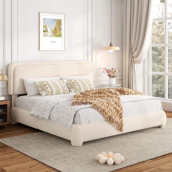 Queen Bed Frame with Headboard Adjustable, Boucle Upholstered Platform Bed Frame Queen Size, Anti-Collision Soft Rounded Corners, No Box Spring Needed, Noise-Free, Easy Assembly, Beige