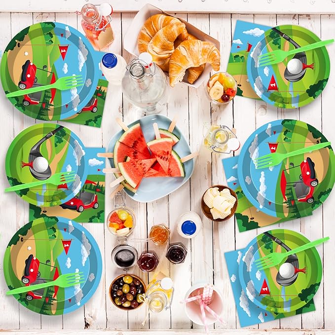 Wiooffen 96 Pcs Golf Plates and Napkins Golf Birthday Party Decorations Golf Party Supplies Golf Paper Plates Tablewares Set Golf Birthday Themed Balloons Sports Party Favors for Kids Serves 24