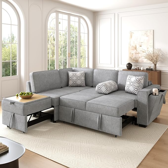 Ball & Cast Convertible Sleeper Sofa Bed,Chenille L Shaped Pull Out Couch Bed with Flip-Top Table,USB Ports & Hidden Cup Holders,Corner Sectional Sofa Couches for Living Room,Light Gray