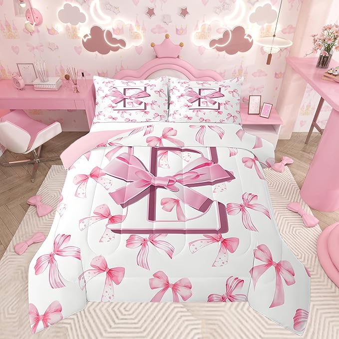 jejeloiu Kids Girls Cute Pink Bow Comforter Set Queen Size Monogrammed Bedding Set Ultra Soft Personalized Initial E Duvet Quilt Coquette Bow Knot Quilt Set Room Decor Modern Fashion Comforter
