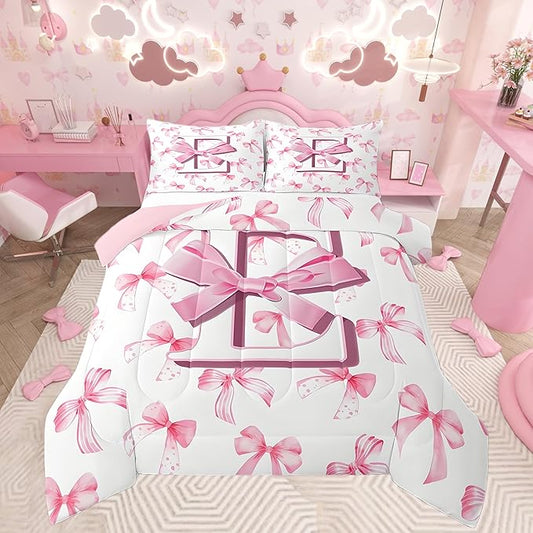 jejeloiu Kids Girls Cute Pink Bow Comforter Set Queen Size Monogrammed Bedding Set Ultra Soft Personalized Initial E Duvet Quilt Coquette Bow Knot Quilt Set Room Decor Modern Fashion Comforter