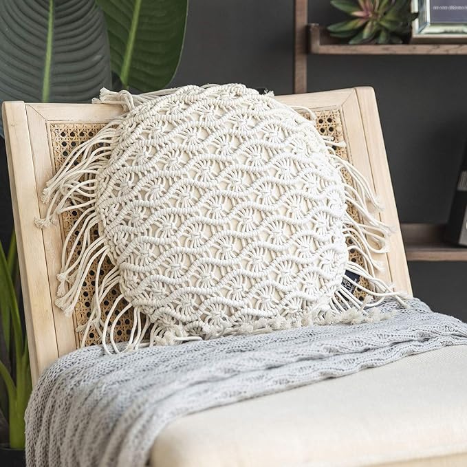 Phantoscope 100% Cotton Handmade Crochet Woven Boho Throw Pillow with Tassel Cute Farmhouse Pillow Insert Included Lumbar Small Decorative Cushion for Couch Sofa, Off White,16 inches Round