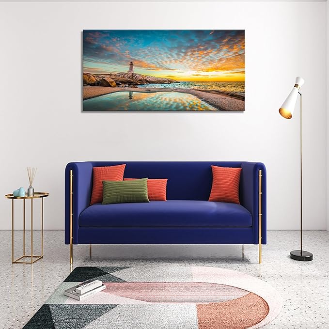 YYYYHPP YP1875 Canvas Prints Wall Art Peggy's Cove Lighthouse Sunset Ocean View Landscape Nature Pictures Stretched Canvas Wooden Framed for Living Room Bedroom and Office Wall Decor