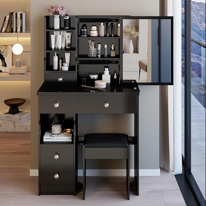 KEIKI Vanity Desk with Mirror & Cushioned Stool, 29.2'' Makeup Dressing Table Set with 5 Drawers for Tiny Bedrooms, Dorms, Apartments,Balck