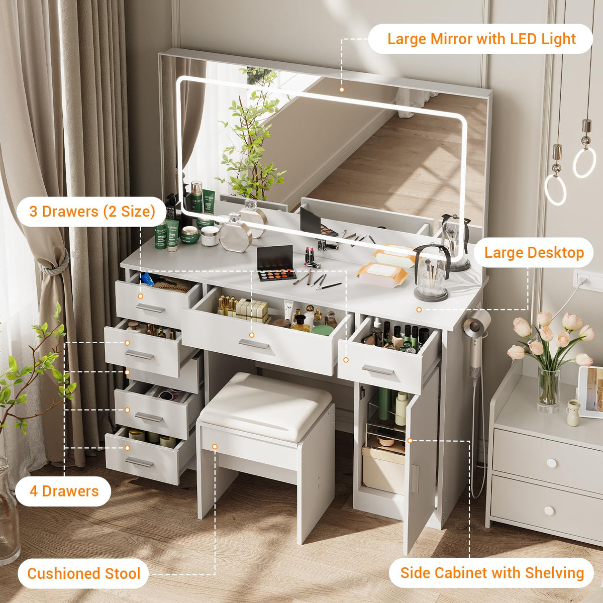 Garvee Modern Vanity Desk with Mirror & LED Lights – 7 Drawers, White