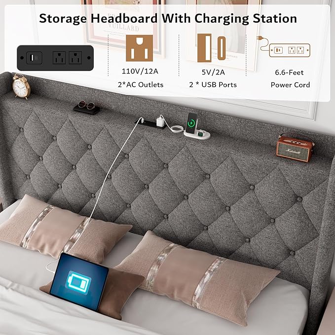 iPormis Full Size Lift Up Storage Bed Frame with Charging Station, Upholstered Platform Bed Frame with Tufted Headboard, Hydraulic Storage, No Box Spring Needed, Noise-Free, Easy Assembly, Light Grey