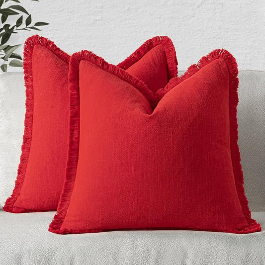 MIULEE Decorative Throw Pillow Covers Neutral Linen Fringe Throw Pillows Euro Shams Set of 2 Red Boho Farmhouse Cushion Covers with Tassels for Couch Sofa Bed Living Room Spring Home Decor 22x22 Inch