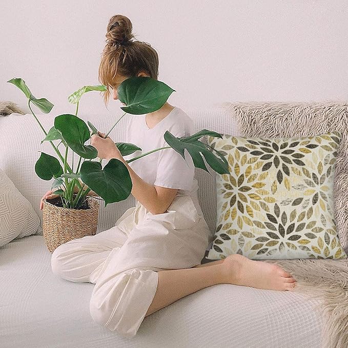 Grey Yellow Black Pillow Covers 16x16 Inch Set of 2 Summer Rust Geometric Flower Outdoor Decorative Throw Pillows Farmhouse Yellow Dahlia Pillow Case Linen Square Cushion Cover for Home Sofa Bedroom