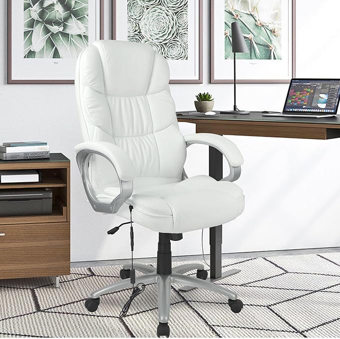 FDW Office Chair Massage Computer Chair High Back Adjustable Desk Chair Rolling Swivel Executive Chair PU Leather with Lumbar Support Arms Headrest Task Chair,White