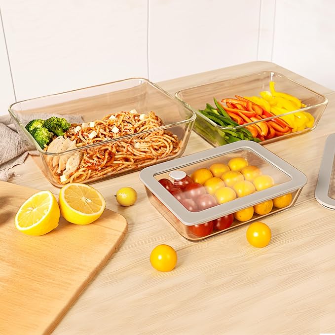Glass Food Containers with Glass Lid, Microwave Safe Food Storage Container Set, 3 Pack of Large Size, Food Storage Containers with Lids, Meal Prep containers with Leak Proof Lid.