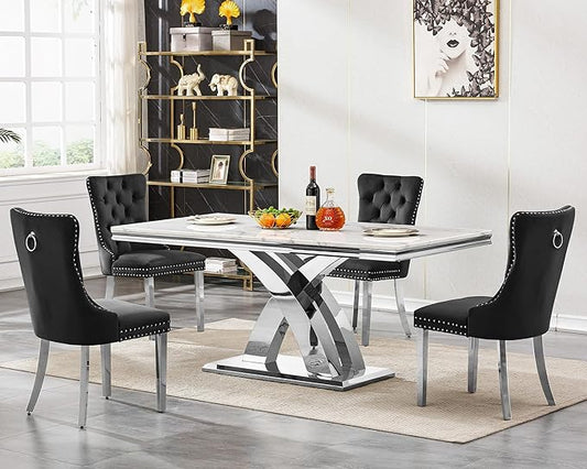 Goujxcy 68" Marble Dining Table Set for 4, Modern Rectangle Dining Room Table Set for 4, Luxury White Silver Marble Kitchen Table and Chairs Set of 4 for Living Room,Kitchen