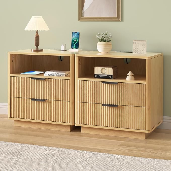 Hommpa 24'' Fluted Nightstand Set of 2 with Charging Station, Modern Bedside Table with Storage, 2 Drawer Beside End Table with Open Shelf, Mid Century Modern Wood Night Stand for Bedroom, Living Room