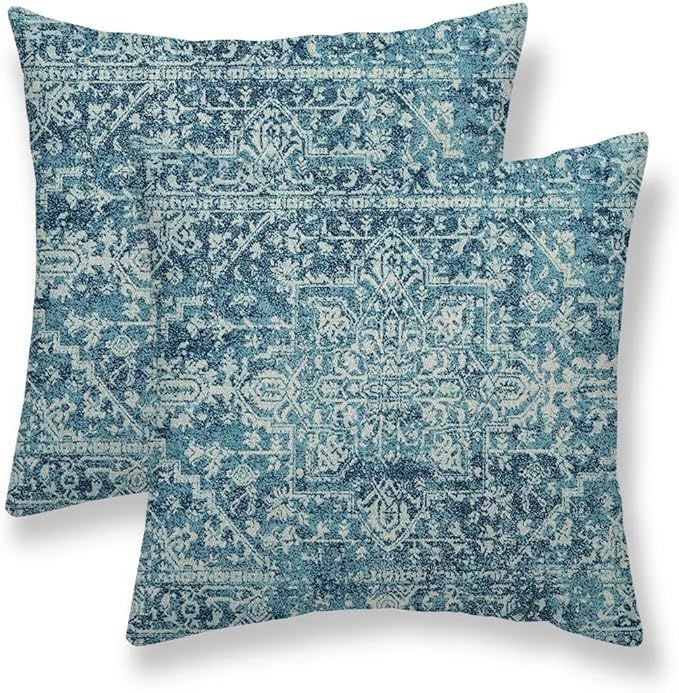 Teal Boho Pillow Covers 20x20 Set of 2, Bohemian Carpet Pattern Outdoor Decorative Throw Pillows Linen Ethnic Design Rustic Farmhouse Cushion Cases for Couch Sofa Decor