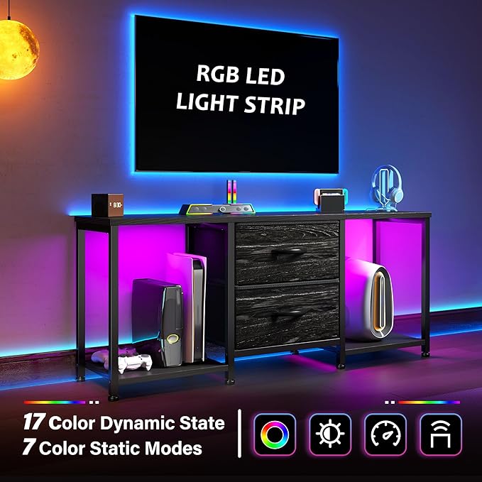 LED TV Stand Dresser for TVs up to 55 Inch, Entertainment Center with 2 Fabric Drawers and 2 Open Storage Shelves, Coffee Table Television Stands for Living Room, Bedroom, Wood Top, Metal Frame, Black