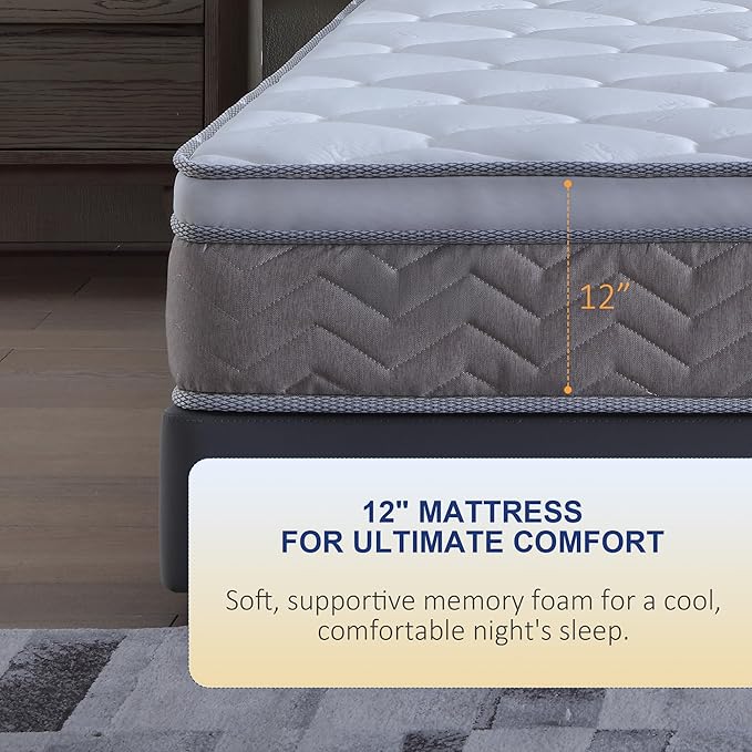 12 Inch Full Mattress Hybrid Innerspring and Plush Memory Mattress in a Box,Medium Soft Feel,Motion Isolation & Pressure Relief,Cooling Bed Mattress for Bed Frames,CertiPUR-US Certified (King)