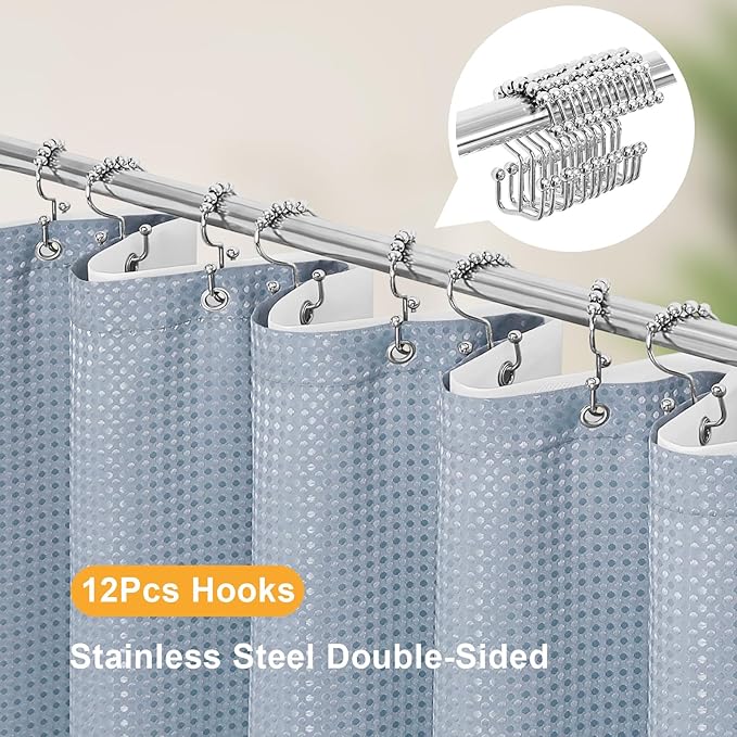 3 in 1 Shower Curtain Set, Fog Blue Waffle Shower Curtain and PEVA Liner Set with 12 Stainless Steel Shower Curtain Hooks, Waterproof Fabric Shower Curtains for Bathroom, 72 W x 72 H