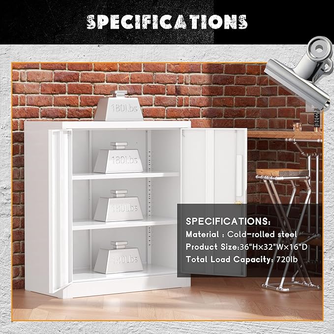 Greenvelly Metal Garage Storage Cabinet, White 36" Locking File Cabinet with 2 Doors and Adjustable Shelves for Home Office,School