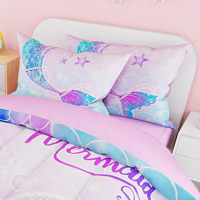 SANDJEST Mermaid Duvet Cover Sets Full Size for Kids Girls, Incude 1 Polyester Comforter Cover 80x90 Inches and 2 Pillowcases 20x26 Inches, Comforter Not Included, Gift for Christmas Birthday