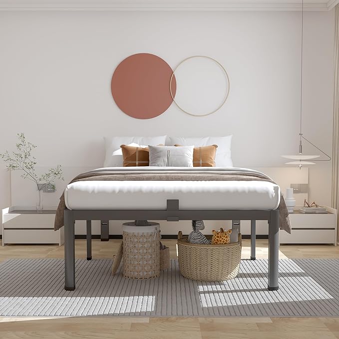 ROIL 14 inch Twin XL Bed Frames with Headboard Hole and Round Corner Legs Mattress Retainers 3500LBS Heavy Duty Steel Slats No Box Spring Needed Platform Noise-Free Underneath Storage