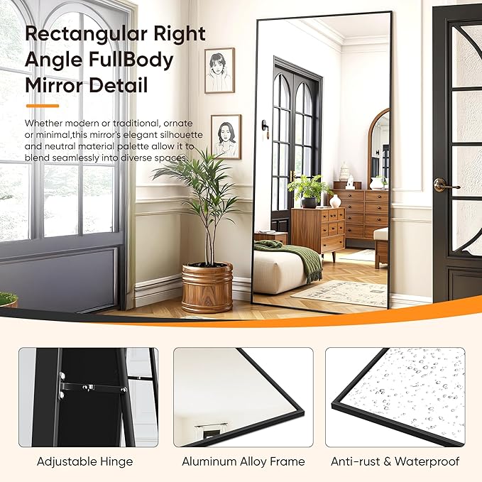 Suidia Full Length Mirror, 58"x22" Floor Standing Mirror Freestanding, Full Body Mirrors with Stand for Bedroom, Hanging Mounted for Living Room Cloakroom, Black, Rectangular Style
