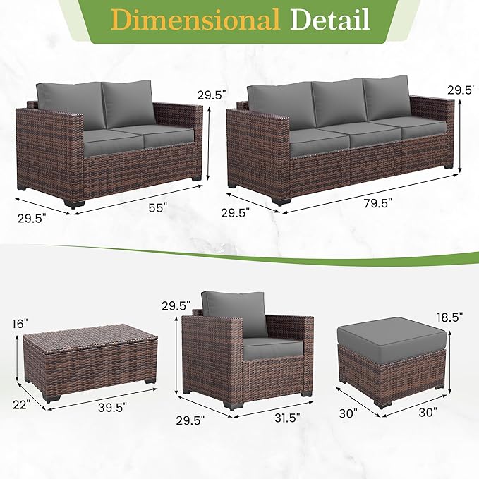 Amopatio Wicker Outdoor Sofa & Patio Couch Set - High Back Waterproof Patio Furniture Single Armrest Chair with Non-Slip Cushions, Outdoor Furniture Cover, Grey
