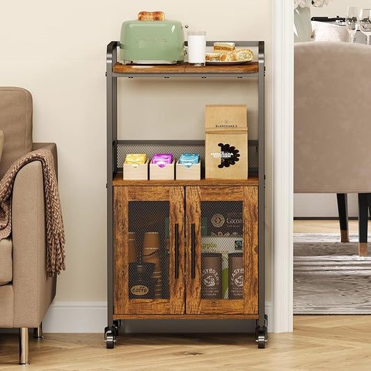 Coffee Cart, 3 Tier Coffee Cabinet with Storage, Small Coffee Station with 2 Doors, Movable Bar Cart with 4 Casters for Home Kitchen, Dining Room, Living Room (Rustic Brown) (Small)
