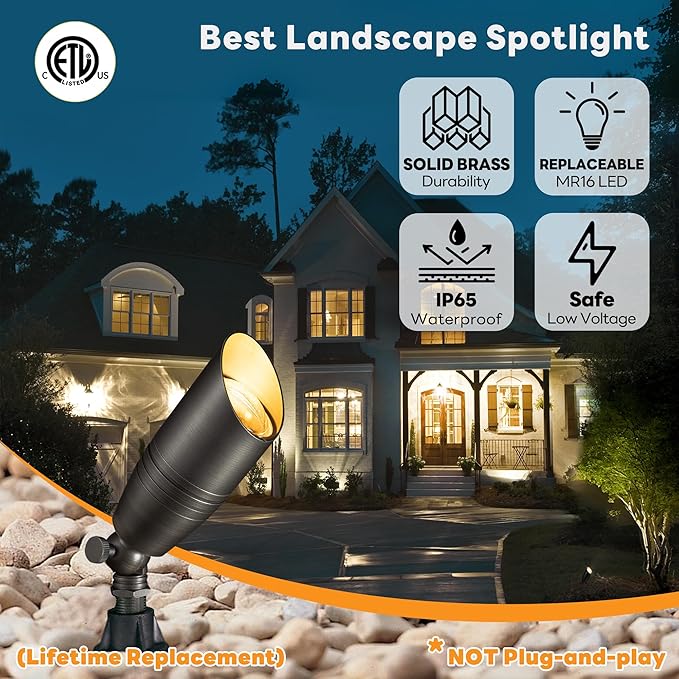 Landscape Spotlights Low Voltage - Brass 12V Outdoor Uplight LED, Wired Spot Lights IP65 Waterproof, Adjustable Focus Bronze for Exterior Garden Yard Tree House Without MR16 Bulb