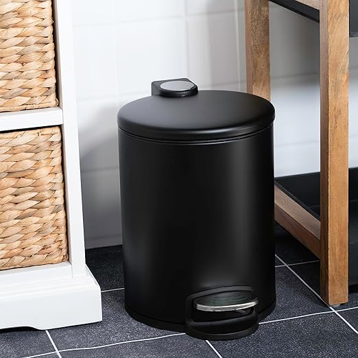ACENTO 1.3 Gal Round Bathroom Trash Can with Lid – Stainless Steel Small Trashcan with Soft Close Pedal & Removable Liner – Compact Waste Bin for Bathroom, Bedroom, Dorm, Office – Matte Black