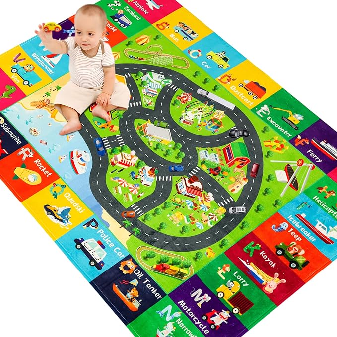 Kids Rugs Traffic Road Carpet Play Rug 118"×78.7" for Playroom Transportation ABC Educational Mat Alphabet Area Rug, Kid Playtime Collection Toddler Car Track Rug Cute Cartoon Animal Letters