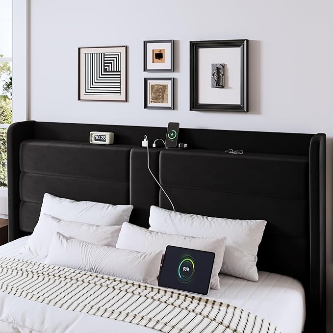 Allewie King Size Platform Bed Frame with Charging Station & Storage Headboard, Upholstered Velvet Wingback Design & USB Port, Strong Wooden Slats Support, No Box Spring Needed, Easy Assembly, Black