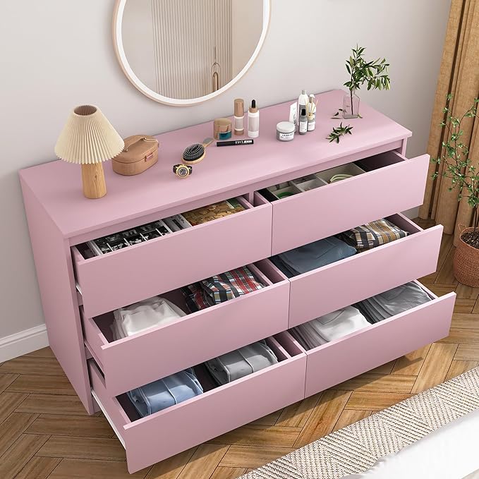 Pink Dresser for Bedroom, Modern 6 Drawer Dresser with Deep Drawer,Wide Storage Chest of Drawers, Bedroom Storage Organizer Furniture,TV Stand for Living Room
