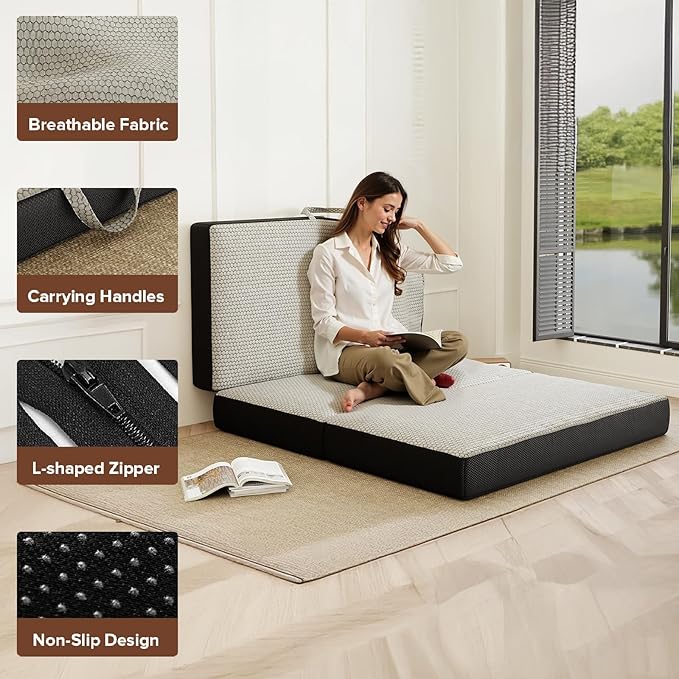 Memory Foam Trifold Mattress - Full Portable Floor Bed 4 Inch, Foldable Mat with Washable Cover, Handle & Non-Slip Bottom, for RV, Travel, Camping, Yoga, 73"x52"x4"