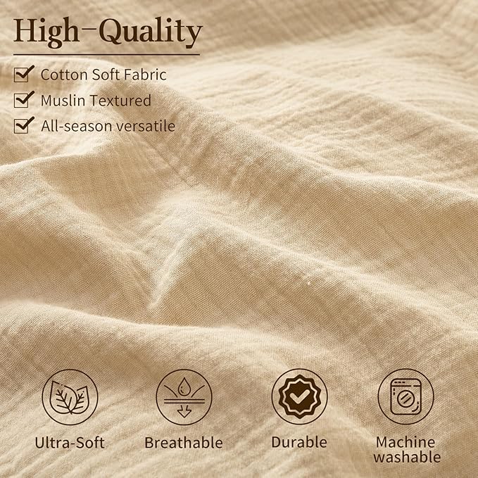MEISHANG Muslin Duvet Cover Queen Size - 100% Organic Cotton, Soft Textured Gauze Weave Comforter Cover for Breathable All-Season with Zipper Closure - 3 Piece Set (Queen, Linen)