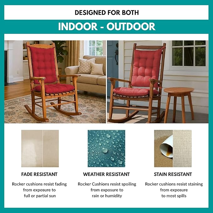 Rave Ruby Red Porch Rocker Cushions - Extra-Large - Indoor-Outdoor: Fade Resistant, Weatherproof - Latex Foam Filled Rocking Chair Seat Cushion & Backrest Pad Set - Solid Color