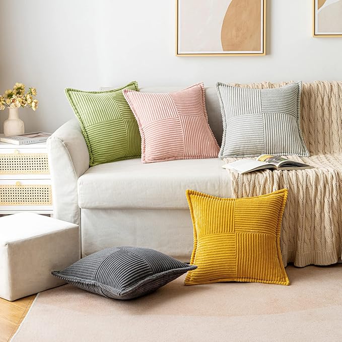 MIULEE Decorative Lumbar Throw Pillow Covers for Couch Bed Livingroom 12x20 Inch Set of 2 Green Boho Accent Throw Pllows Broadside Striped Patchwork Soft Corduroy Summer Pillowcases