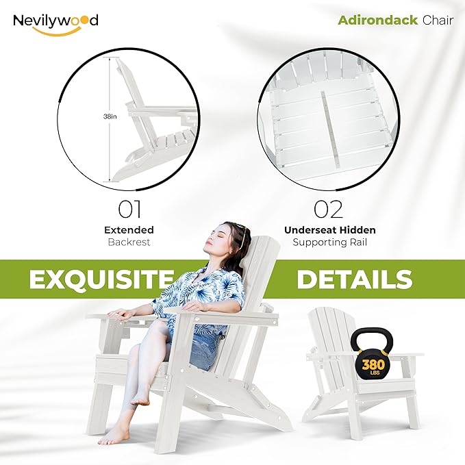 nevilywood Folding Adirondack Chair with Cup Holder Set of 4, HDPE Patio Chairs,All-Weather Outdoor Chairs for Backyard, Deck,Fire Pit-White