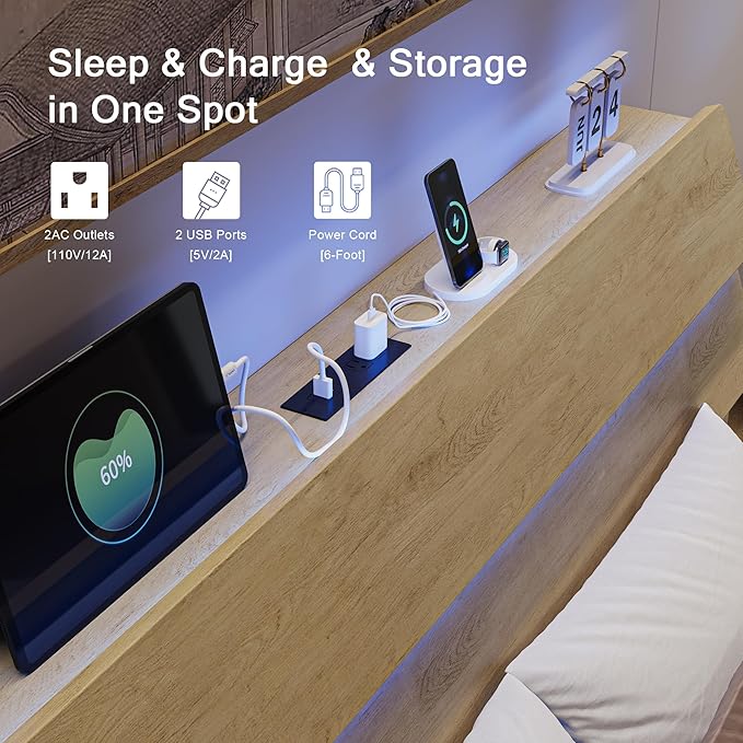 Floating Bed Frame Full Size with Charging Station & Led, Metal Platform Bed Base with Storage Headboard, Heavy Slats Support, No Box Spring Needed, Noise Free, Remote Control, Oak
