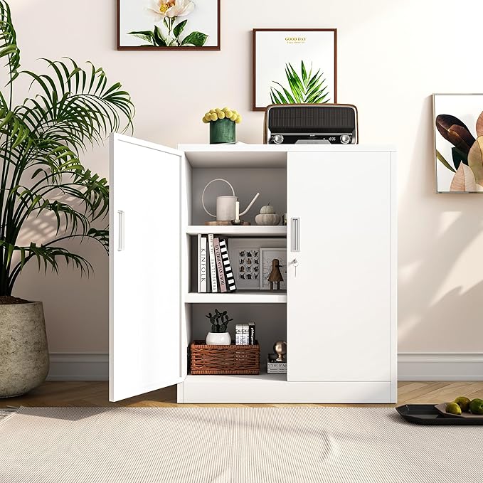 Metal Garage Storage Cabinets，36" Steel File Cabinet with 2 Adjustable Shelves, Lockable Storage Cabinets for Office, Home, Garage, Warehouse 36.2" H x 31.5" W x 15.7" D (White)