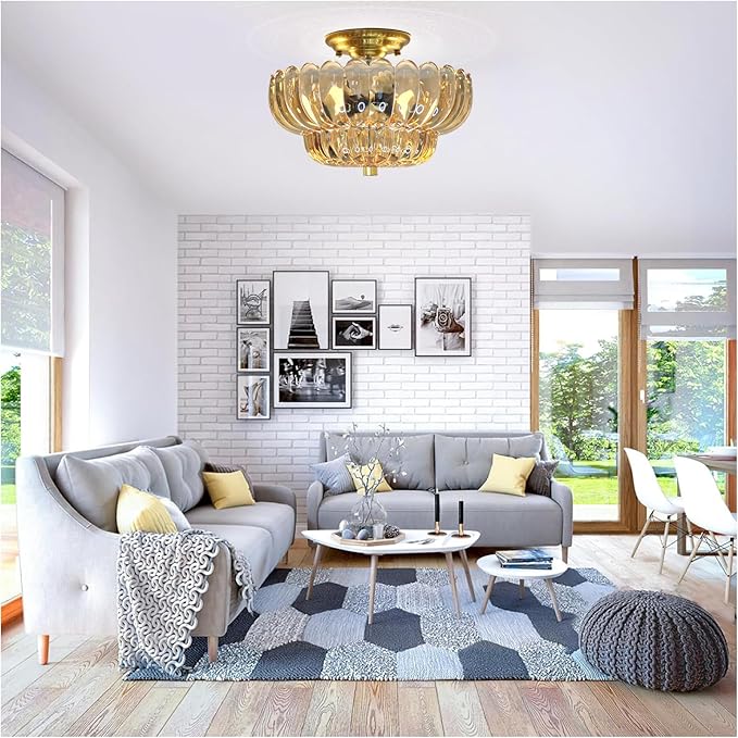 Gold Semi Flush Mount Ceiling LightAmber Glass Chandeliers Modern Light Fixture Kitchen Lights Ceiling Suitable for Hallway Living Room Kitchen Bedroom (Bulb Not Included)