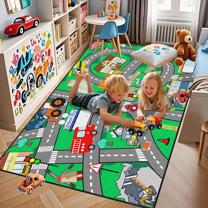 Car Rugs for Kids Toy Cars - Kids Carpet for Playroom Car Track Rug Car Carpet for City Life Road Rug for Playroom Living Room Bedroom, Green, 2'5''×4'