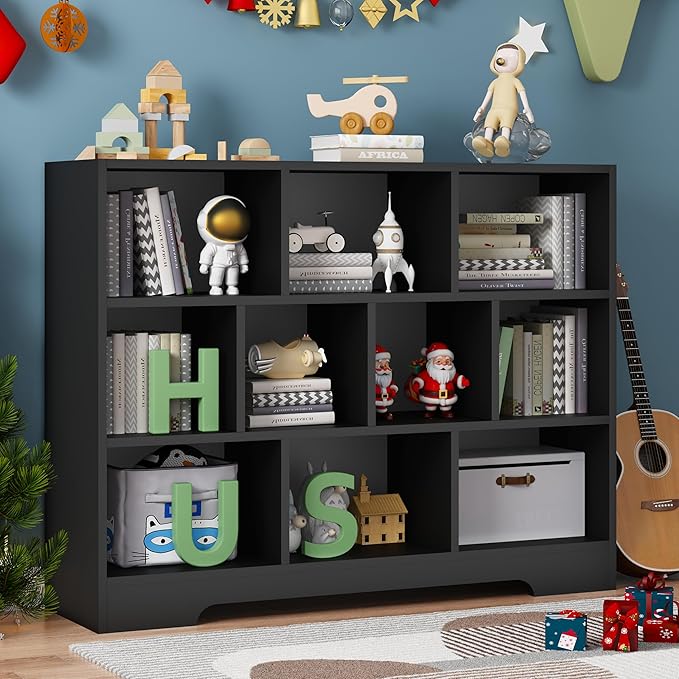 Kids Book Shelf Set of 2, 10 Cubes Storage Organizer Montessori Bookshelf, 3-Tier Wooden Kids Bookcase, Toy Storage Organizer for Children, Black Bookshelf Cube Shelf for Kid’s Room