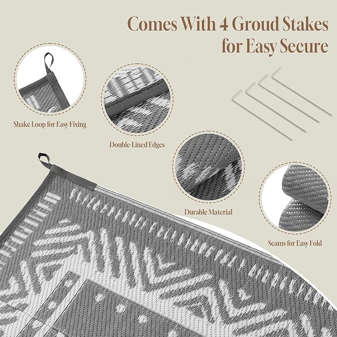 OMERAI Reversible Waterproof Outdoor Rug for Backyard,Plastic Textured Resistant Outdoors Rugs,Portable Washable Easy Cleaning Foldable Camping Beach Carpet for Patio Courtyard, 5'x8' Gray & White