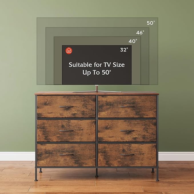 WLIVE Dresser for Bedroom with 6 Drawers, Wide Fabric Dresser TV Stand for 50 Inches TV, with Metal Frame, Wooden Top, Fabric Storage Dresser for Bedroom, Hallway, Entryway, Rustic Brown