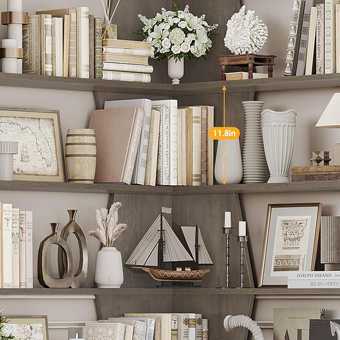 75" Corner Bookshelf, 6-Tier Modern Bookshelf and Bookcase, Tall Bookcase Open Display Storage, L Shaped Corner Shelf for Library, Living Room, Home Office, Gray