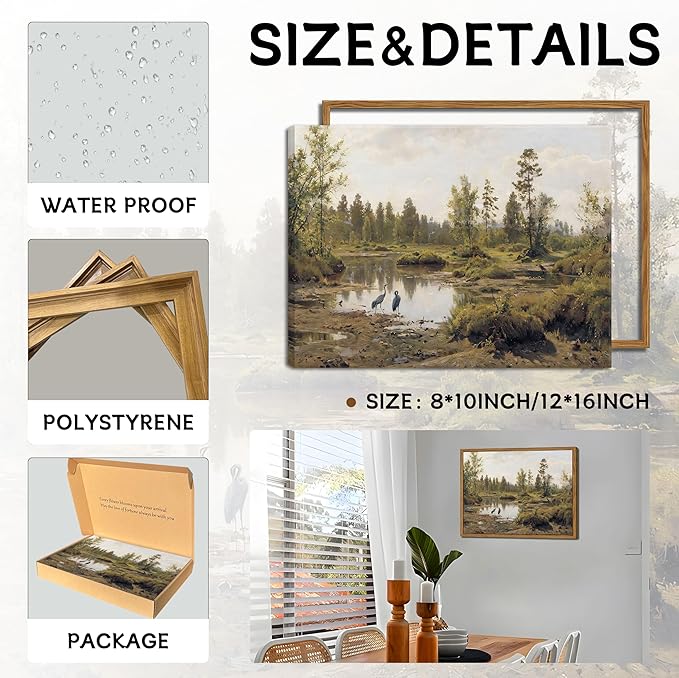 Floating Framed Canvas Wall Art Vintage Decor - Tranquil Marsh Landscape Wall Decor, Countryside Farmhouse Scenery Paintings Prints for Living Room Bedroom Office Decoration 12x16 inch
