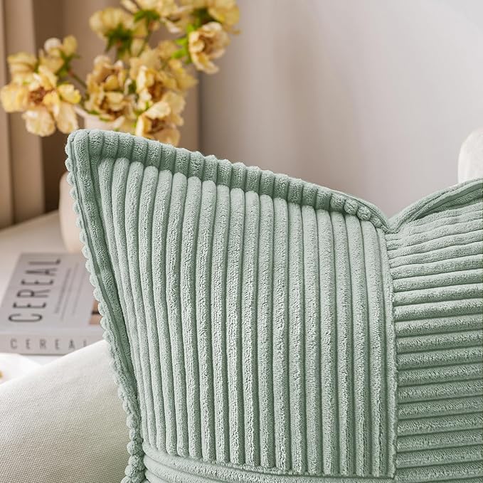 MIULEE Greyish Green Corduroy Decorative Euro Sham Pillow Covers 24x24 Inch with Splicing Set of 2 Soft Boho Pillow Covers Broadside Textured Summer Pillowcases for Couch Bed Livingroom