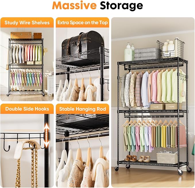 Sweetcrispy Rolling Clothes Rack, Heavy Duty Garment Racks 3 Tiers Portable Adjustable Wire Shelves with Wheels, Hanging Rods & Side Hooks Metal Freestanding Clothing Wardrobe Closet - Black