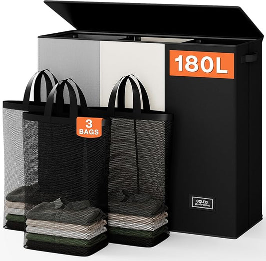 SOLEDI Laundry Hamper 3 Section with Lid and 3 Pcs Laundry Bag, Large Hamper 3 Compartment 180L, Basket Sorter for Bedroom Blanket Storage